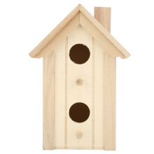 Gjør-det-selv-fuglebur i tre for maling og pynting, moderne design i naturlig tre med myk tekstur, rett trestruktur, egnet for hagebruk