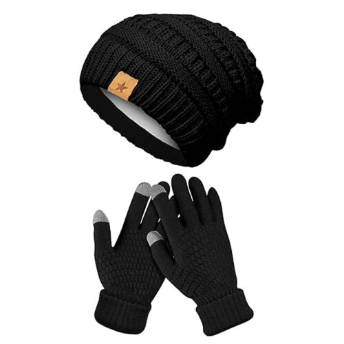(Black) Knitted beanie gloves 2 piece set