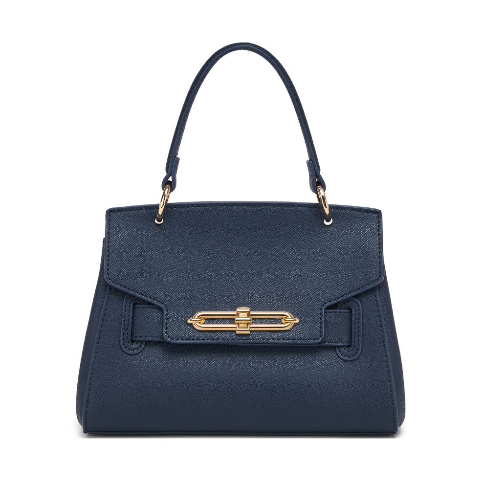 (Navy) Miss Lulu Elegant Structured Pu Top-Handle Mini Satchel–Twist-Lock Flap Blue