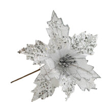 Silver Christmas Ornaments with Radiant Finish, Sparkling Glitter Covered Festive Flowers for Tree and Wreath, Fake Poinsettias Flowers with Secure Cl