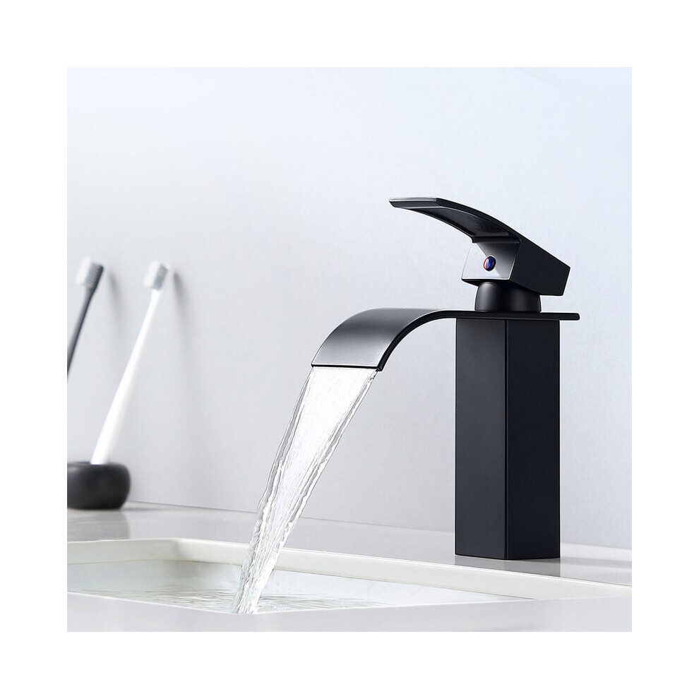 Elegant Matte Black Bathroom Faucet, Modern Flat Mouth Single Handle Waterfall Spout Design For Lavatory Basin Vanity Sink Faucets, Solid Brass With C 9135470049776