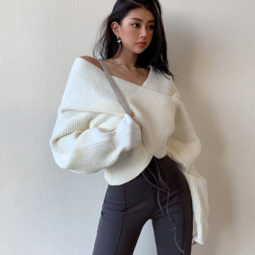 Off-Shoulder Cross-Shoulder Irregular Sweater 1