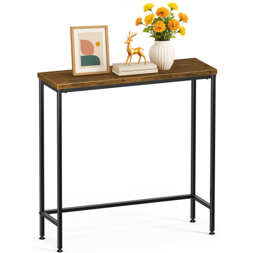 VOUNOT Slim Console Table, Metal Frame Entryway Table, 75x24x75 cm, Brown