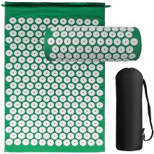 Acupressure Mat Set With Pillow Back Neck Pain Relief Travel Bag With Adjustable Strap Green With White Spikes