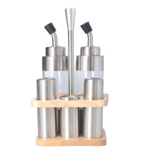 Salt and Pepper Shaker Set with Dispenser, Seasoning Bottle Set Featuring Oil and Vinegar Dispenser in Acrylic and Stainless Steel, Wooden Base Holder