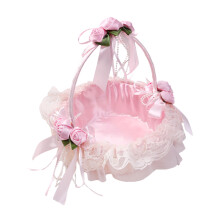 Wedding Petal Basket, Pearl Embellishments Satin Fabric Basket with Swingable Handle, Exceptional Craftsmanship in Pink, Versatile Usage for Weddings