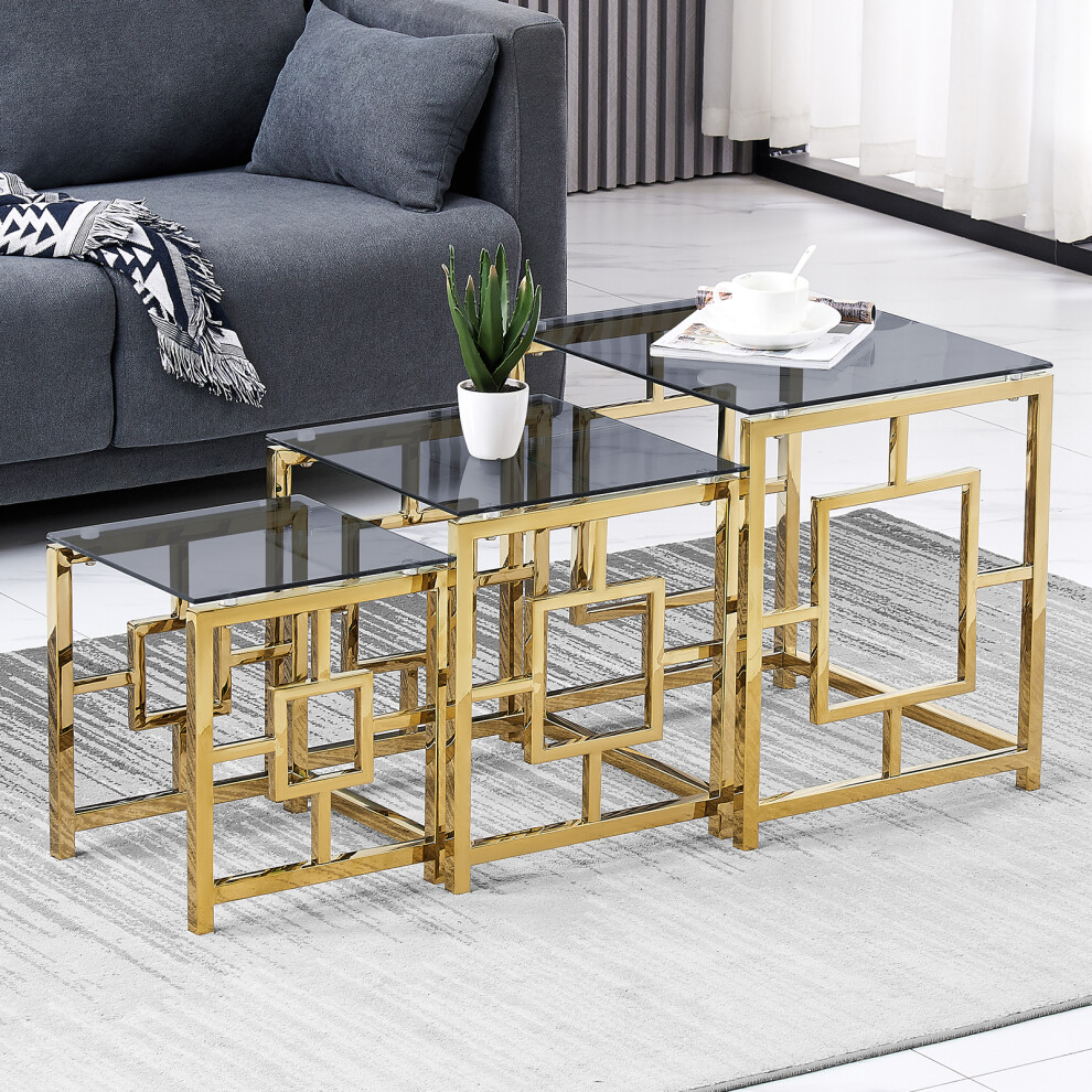 Ainpecca Gold 3Pcs Nesting Table Sets Black Glass End Table Black,Gold,Multicoloured