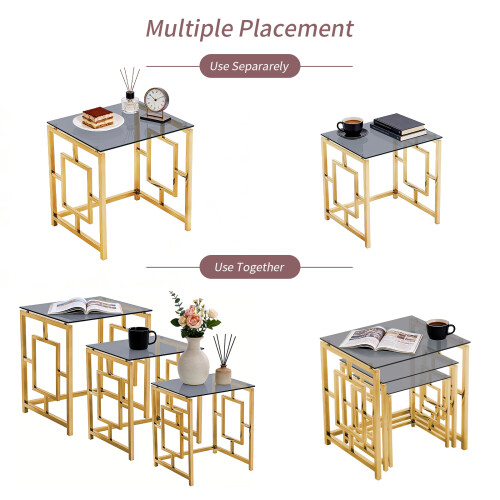 AINPECCA Gold 3Pcs Nesting Table Sets Black Glass End Table 1