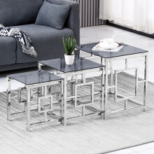 Silver 3Pcs Nesting Table Set Tempered Grey Glass