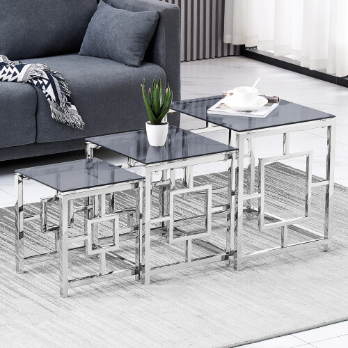 AINPECCA Silver 3Pcs Nesting Table Set Tempered Grey Glass
