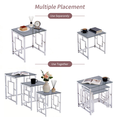 AINPECCA Silver 3Pcs Nesting Table Set Tempered Grey Glass 1