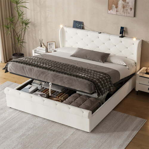 Beige Velvet King Storage Bed with USB-C Charging