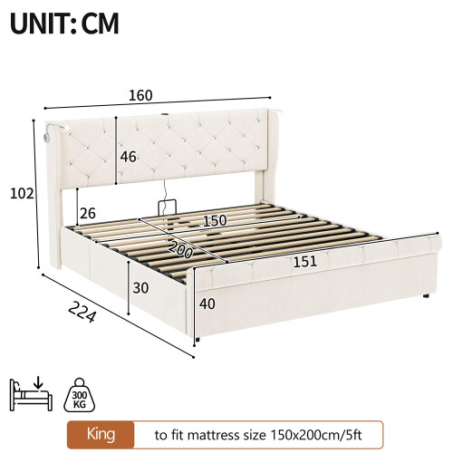 Beige Velvet King Storage Bed with USB-C Charging 1