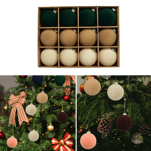 12pcs Elegant Flocking Christmas Tree Baubles-Pure beige 2