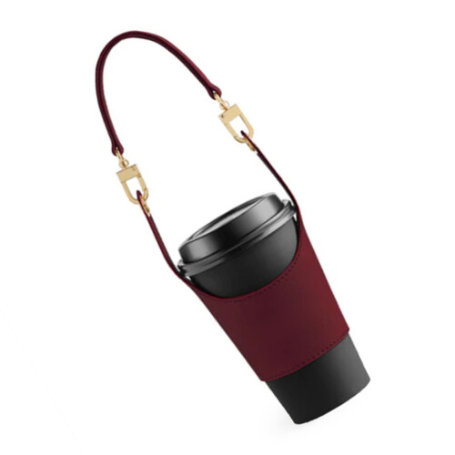 Insulated Cup Sleeve with Adjustable Strap Portable PU-Red