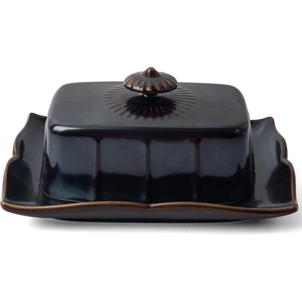 (Black) Butter Dish with Lid for Countertop, Large Ceramics Butter Dish Container, 7.5 Inch Butter Holder with Handle, Black
