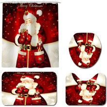 Set de covorașe de baie festive, cu tema Crăciun Fericit, suport antiderapant din PVC, set de 4 buc, inclusiv perdea de duș cu suport absorbant cu