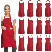 (Red)12 Pack Plain Bib Aprons With 2 Pockets - Black Unisex Commercial Apron Bulk