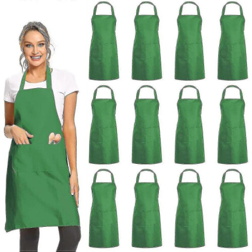 (Green)12 Pack Plain Bib Aprons With 2 Pockets - Black Unisex Commercial Apron Bulk
