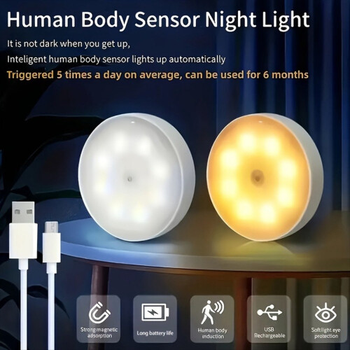 6-Pack USB Rechargeable LED Motion Sensor Lights Indoor Closet Light Battery-Powered Induction Lighting for Home,B 2