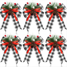 12PCS Christmas Black White Bow with Pine Cones Pine Needles Xmas Checkered Ribbon Bow Christmas Tree Decoration Bows