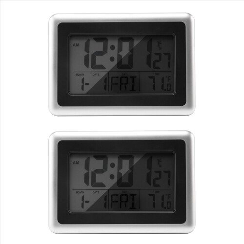 2X Digital Wall Clock, Large Lcd Display, Battery Operated, Indoor Temperature, Without Back Light (Silver)