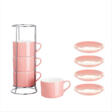 Xícaras de cappuccino empilháveis de porcelana com pires e suporte de metal, xícaras de café expresso para café latte, café especial.