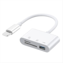 Leitor de cartão 3 em 1 com interface para adaptador de cartão SD/TF e porta USB 2.0-A, compatível com câmeras digitais.