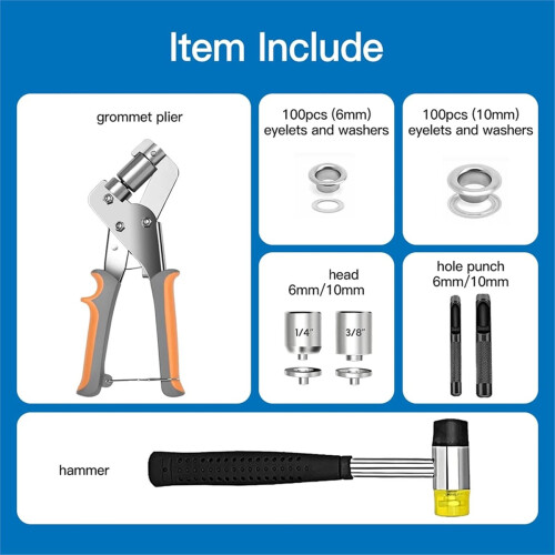 Kit de ferramentas para ilhós reforçado, alicate perfurador manual de 1/4 e 3/8 polegadas para lonas, banners de couro e tecido (10 mm/6 mm). 1