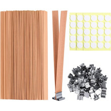 120 mèches de bougie en bois, 60 supports en fer, 60 autocollants pour mèches, noyaux de bougie en bois pour la fabrication de bougies maison