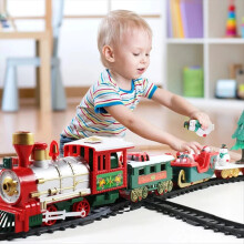 Trem elétrico de Natal, brinquedo ferroviário, corrida de carrinhos com música, Papai Noel e decoração de árvore de Natal.