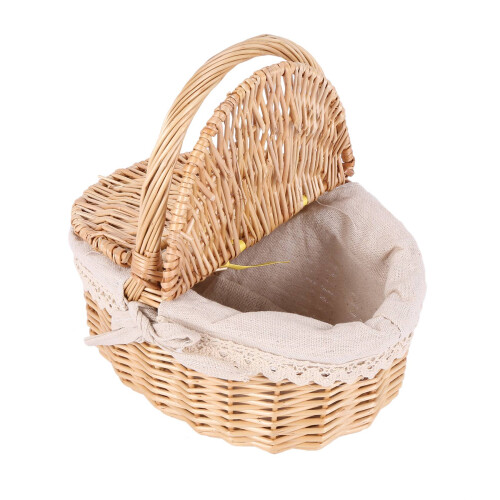 Handmade Wicker Basket with Handle Camping Picnic Double Lids Storage Hamper Cloth Lining 2