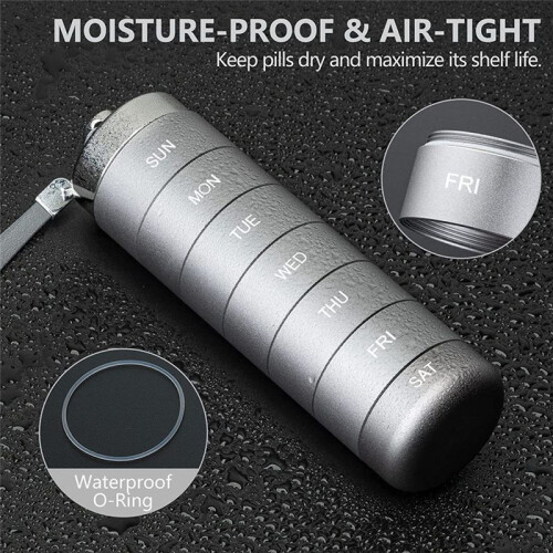 Metal Pill Organizer Weekly,Stackable Waterproof Travel Box,Pill Case Container,7 Day Daily Medicine Grey 1