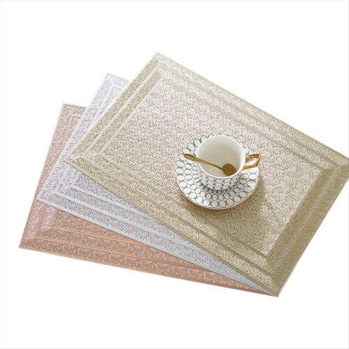 6Pcs Rectangular Woven Table Mat Slip 18x12 Inches Textured Scratch Proof PVC Table Mats, for Kitchen Home Decor Silver
