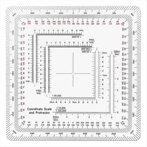 Square Coordinate Scale Protractor for Land Navigation, Style UTM/MGRS Coordinate Scale