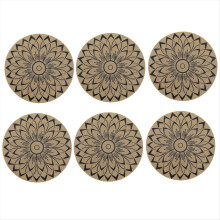 6pcs Black Round Flower Insulation Pad Boho Flower Print Place Non Slip Stain Mats Wipeable Pad