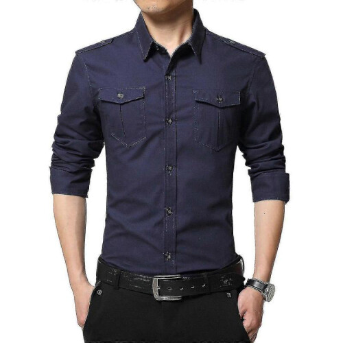 (L,Blue)Mens Casual Solid Cotton Slim Fit Shirt Tw