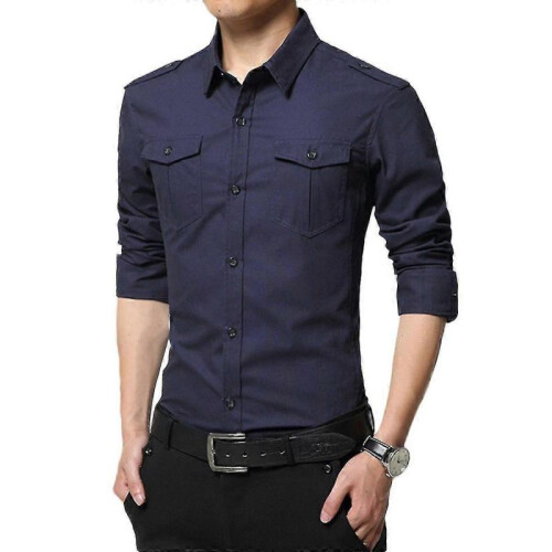 (L,Blue)Mens Casual Solid Cotton Slim Fit Shirt Tw 1