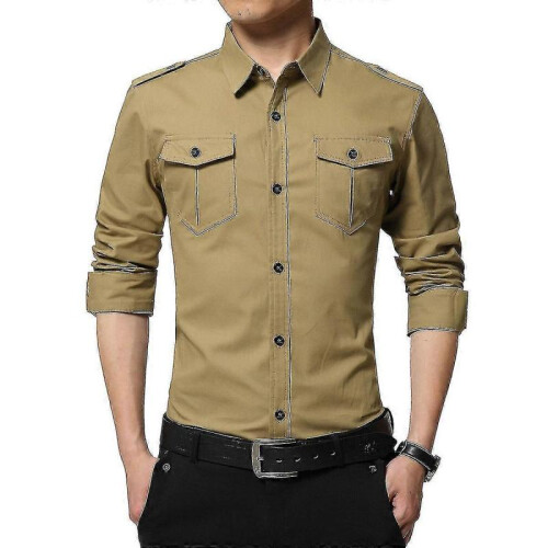 (XL,Khaki)Mens Casual Solid Cotton Slim Fit Shirt Tw
