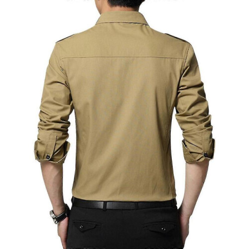 (XL,Khaki)Mens Casual Solid Cotton Slim Fit Shirt Tw 2