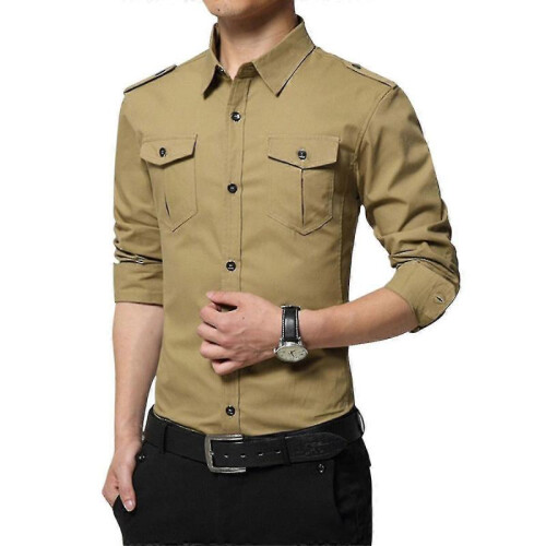 (S,Khaki)Mens Casual Solid Cotton Slim Fit Shirt Tw 1
