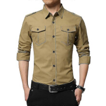 (L,Khaki)Mens Casual Solid Cotton Slim Fit Shirt Tw