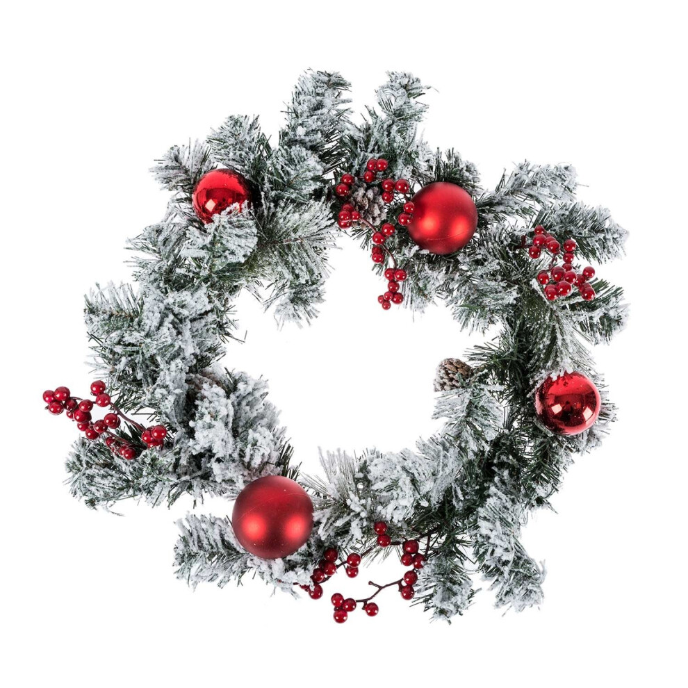 Homescapes Frosted Large Artificial Fir Branch Christmas Wreath With Baubles, 19 Inch Red