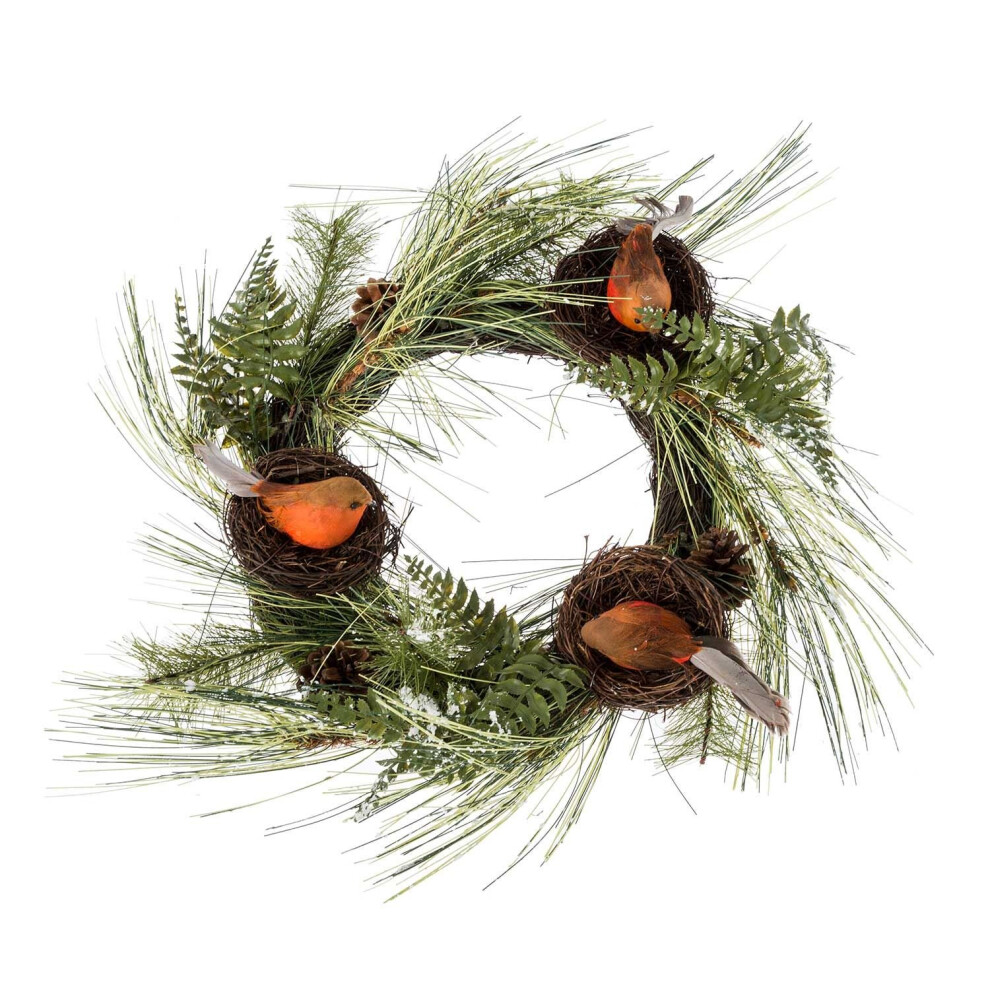 Homescapes Artificial Christmas Wreath With Robins Nests, 16 Inch Green/Brown