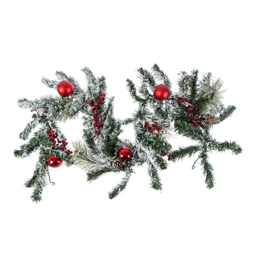 Homescapes Frosted Artificial Christmas Garland With Baubles Red