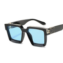 (Black Blue)Fashion Square Men Sunglasses Brand Designer Plastic Frame Sun Glasses Shades For Women Black Silver Mirror Oculos De Sol Tw