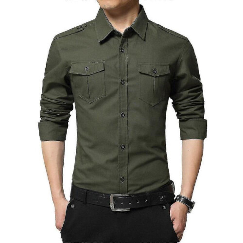 (S,Army Green)Mens Casual Solid Cotton Slim Fit Shirt Tw