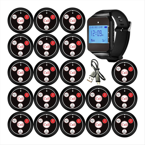 Wireless Restaurant Pager Calling System with Watch Call Button Black