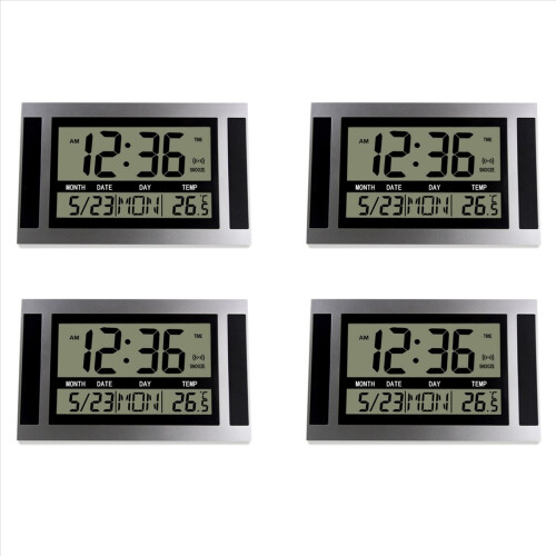 Digital Wall Clock LCD Number Time Temperature Calendar Alarm Silver