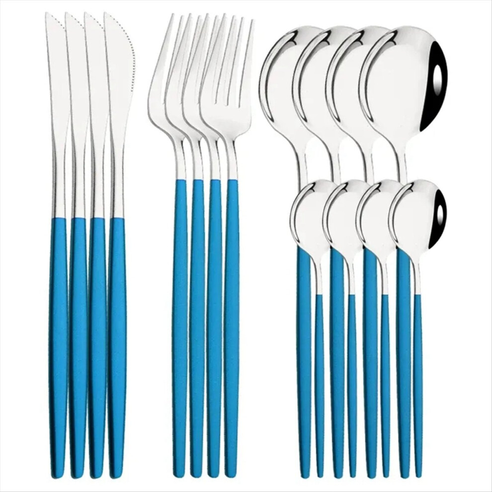 16Pcs Blue Silver Dinnerware Stainless Steel Cutlery Set